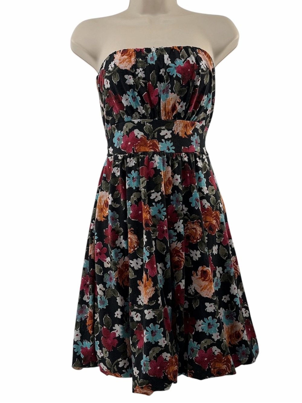 American Rag Cie Women's Pull On Strapless Black w/Multicolor Blooms Mini Dress